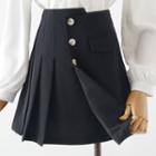 High-waist Plain Button-up Pleated A-line Mini Skirt