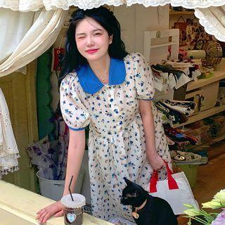Puff-sleeve Collar Floral Midi Smock Dress Blue - One Size