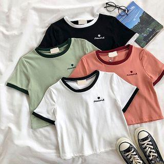 Color-block Crewneck Lettering Printed Short-sleeve Top