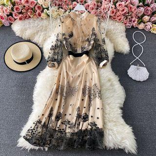 Long Sleeve Embroidered Ruffled Lace Maxi Dress