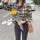Puff-sleeve Plaid Half-button Blouse Off-white Plaid - Gray - One Size