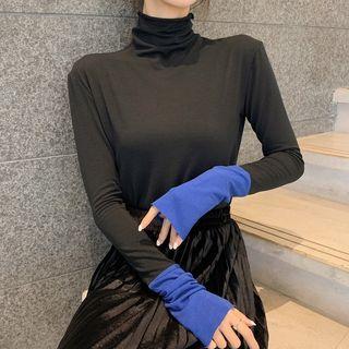 Mock-turtleneck Two-tone Long-sleeve T-shirt