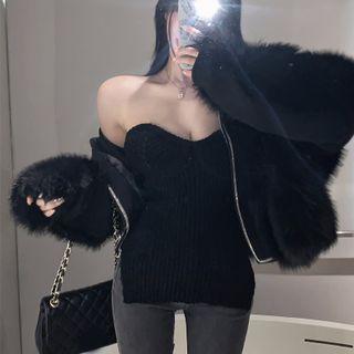 Side-slit Tube Top / Faux-fur Jacket