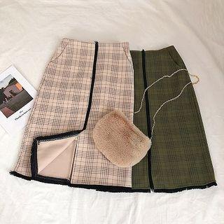 Plaid Fringed Midi Skirt