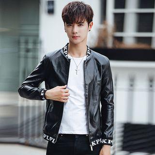 Lettering Trim Faux Leather Zip Jacket