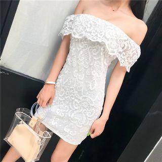 Short-sleeve Off Shoulder Mini Lace Sheath Dress