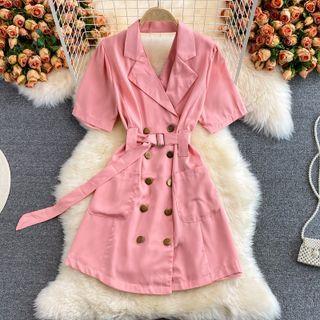 Keyhole Short-sleeve Double-breasted Dress