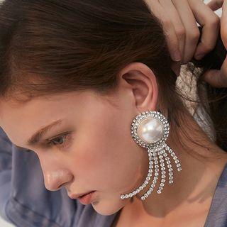 Faux Pearl Rhinestone Fringed Earring 1 Pair - 925 Silver Stud - Silver - One Size
