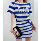 Set: Letter Print Stripe T-shirt + Shirred-front Mini Skirt