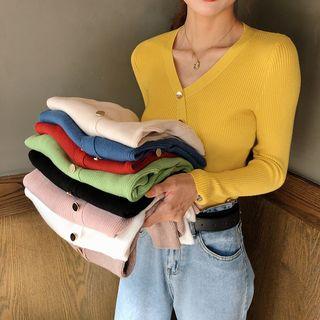 Long-sleeve V-neck Button Ribbed Knit Top