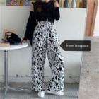 Long Sleeve Cutout Cold Shoulder Top / Cow Pattern Wide-leg Pants