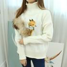 Faux Fur-trim Fox Printed Turtle-neck Knit Top