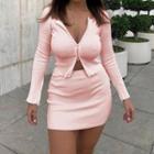 Set: Plain Long-sleeve Zipped Cropped Ribbed Top + Plain High-waist Ribbed Pencil Skirt