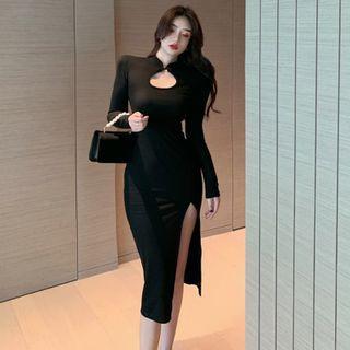 Long-sleeve Keyhole Midi Qipao Dress