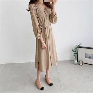 Balloon-sleeve Button-front Dress With Sash