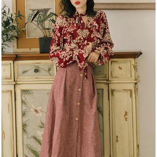 Set: Flower Print Blouse + Checked High-waist Midi A-line Skirt