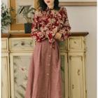 Set: Flower Print Blouse + Checked High-waist Midi A-line Skirt