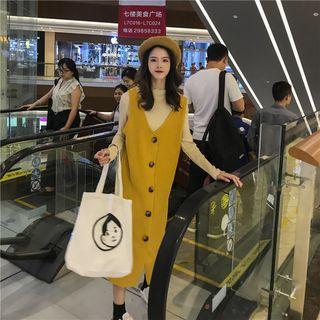 Mock-neck Long-sleeve T-shirt / Midi Knitted Pinafore Dress