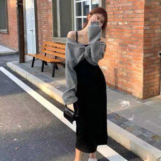 Set: Spaghetti Strap Midi A-line Dress + Off-shoulder Twisted Crop Top
