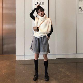 Plain Long-sleeve Top / Plain Turtleneck Knit Vest / Loose-fit Shorts