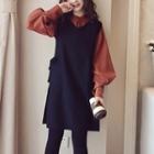Set: Balloon-sleeve Shirt + Sleeveless Side-tie Mini Dress