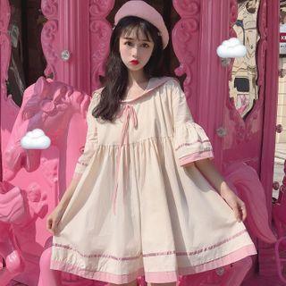 Elbow-sleeve Sailor Collar A-line Dress Almond - One Size