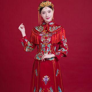 Embroidered Tassel Detail Long-sleeve Chinese Wedding Cheongsam