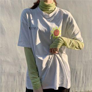 Floral Short-sleeve T-shirt / A-line Midi Skirt