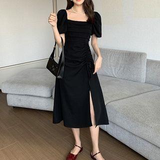 Short-sleeve Slit Drawstring Midi A-line Dress