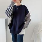 Gingham Panel Sweater Navy Blue - One Size