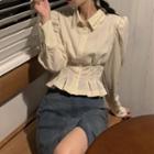 Puff-sleeve Pleated Blouse / Slit Midi Denim Skirt