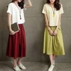 Set: Linen Short-sleeve T-shirt + Midi A-line Skirt