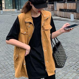 Pocket Detail Zip Vest Khaki Yellow - One Size