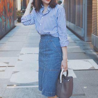 Long-sleeve Striped Shirt / Midi Denim A-line Skirt / Set