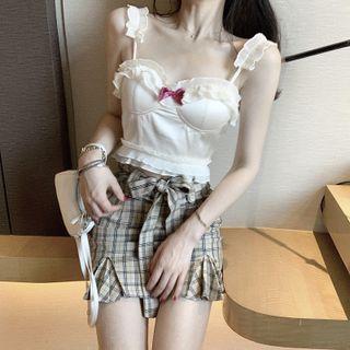 Ruffled Strap Camisole Top / Plaid A-line Skirt