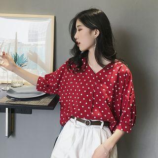 Elbow-sleeve Dotted Blouse Red - One Size