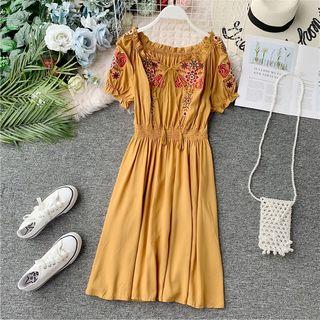 Frill-hem Embroidered Off-shoulder Dress