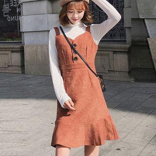 V-neck Ruffle Hem Knit Pinafore Dress