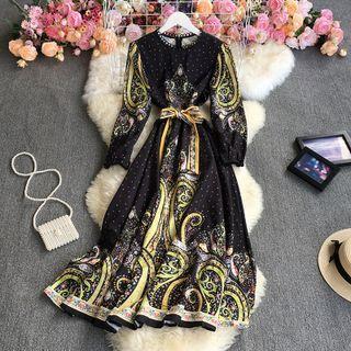 Print Tie-waist Maxi A-line Dress Black - One Size