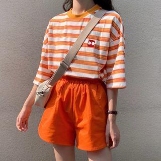 Boxy Striped Elbow-sleeve T-shirt / Plain Shorts