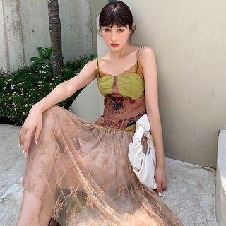 Spaghetti-strap Floral Lace Panel Midi A-line Dress
