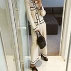 Set: Button-detail Contrast-trim Knit Top + Band-waist Pants