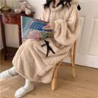 Long-sleeve Fleece Loose-fit Sleep Robe Almond - One Size