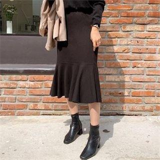 Band-waist Ruffle-hem Colored Skirt