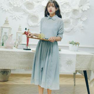 Set: Plain Elbow-sleeve Top + Tie Waist Spaghetti Strap Dress