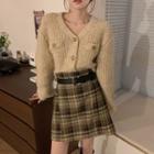 Cropped Cardigan / Plaid Pleated Mini A-line Skirt