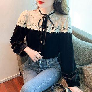 Puff Sleeve Lace Panel Velvet Blouse