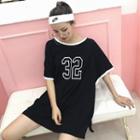 Number Embroidered Tipped Elbow Sleeve T-shirt Dress