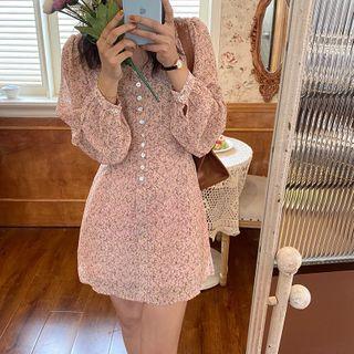 Flower Print Long-sleeve Mini Chiffon Dress
