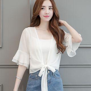Elbow-sleeve Tie-front Light Chiffon Jacket